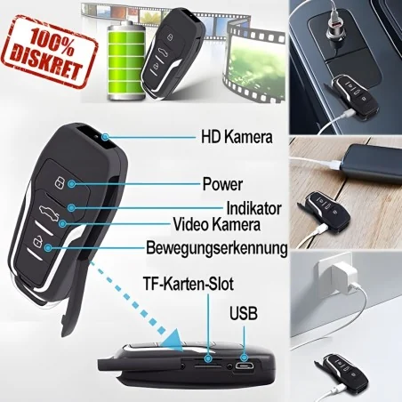 HD SpyCam im Car-Key Design, 128 GB